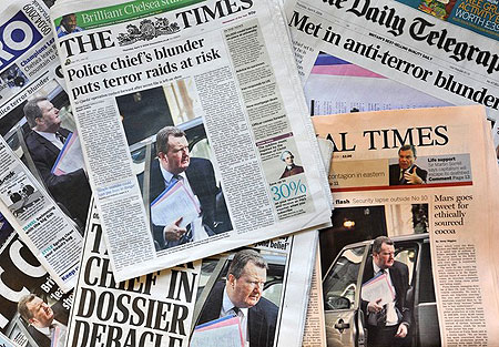 A selection of British daily newspapers are pictured in London, on April 9, 2009, featuring pictures and stories of Assistant Metropolitan Police Commissioner Bob Quick revealing details of a counter terrorism operation on their front pages